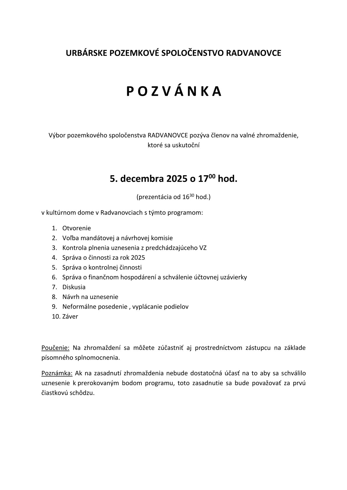 Fotka - Urbárska schôdza - Pozvánka