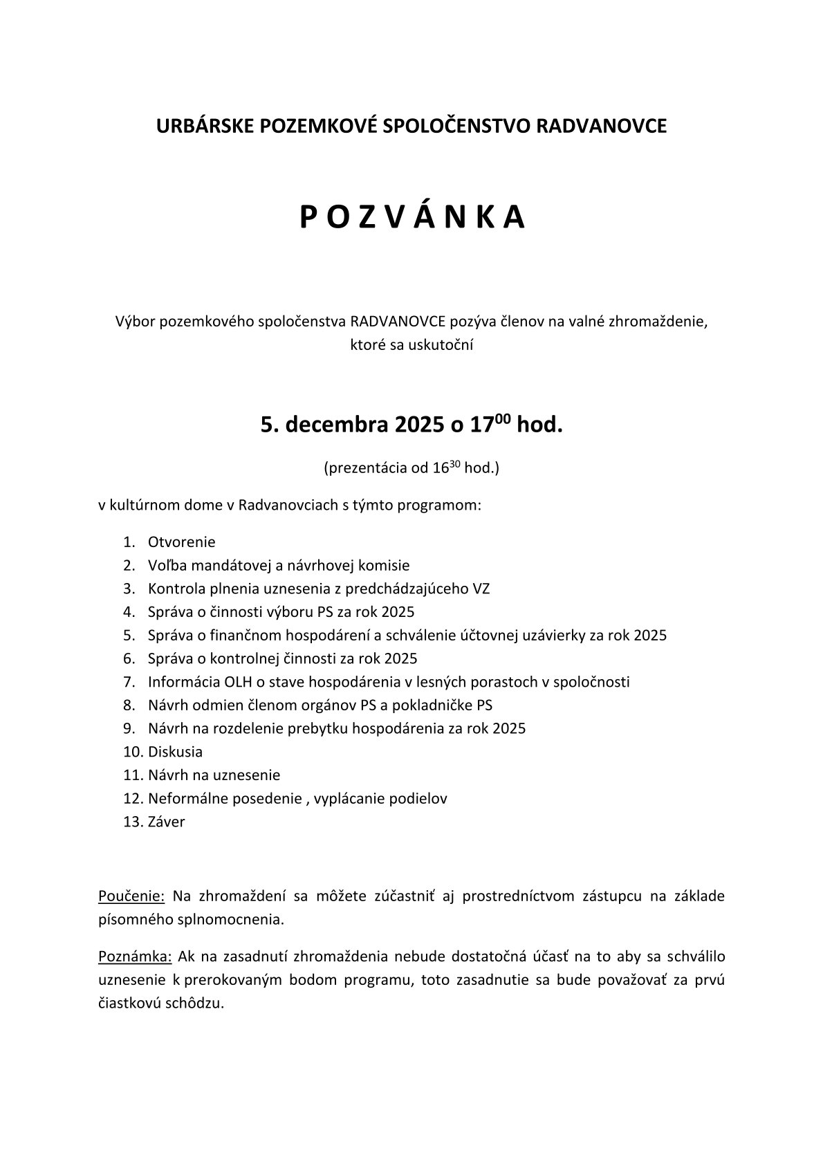 Fotka - Urbárska schôdza - Pozvánka