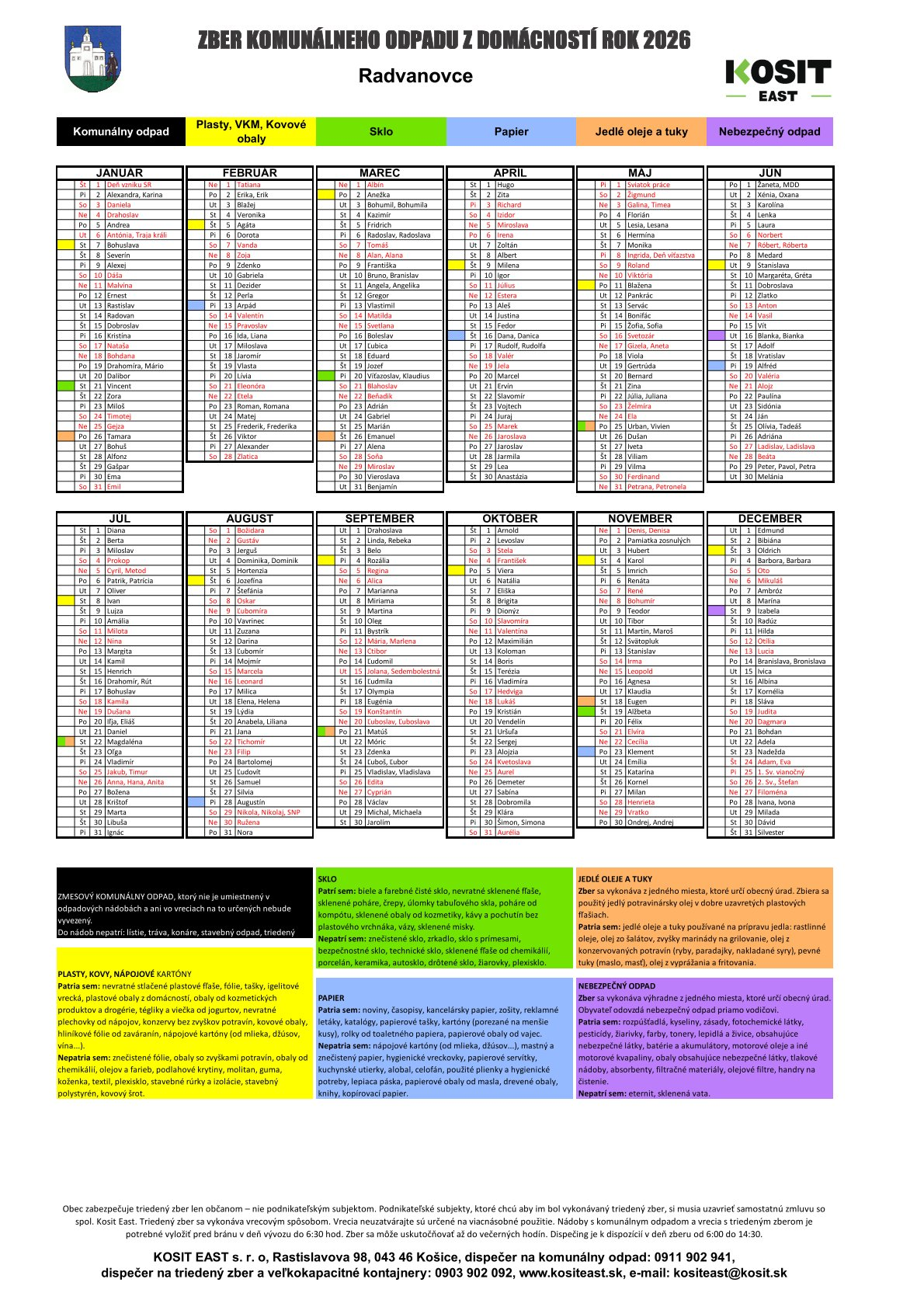 Fotka - HARMONOGRAM ZBERU 2026 TRIEDENÝ ODPAD
