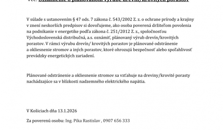 Fotka - Oznámenie o plánovanom výrube