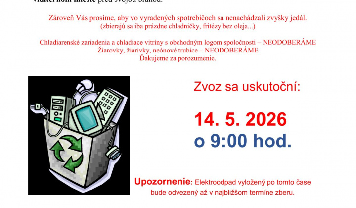 Fotka - Vývoz elektroodpadu Radvanovce 14.05.2026  o 09.00