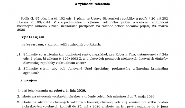 Fotka - Rozhodnutie prezidenta o vyhlásení referenda 2026
