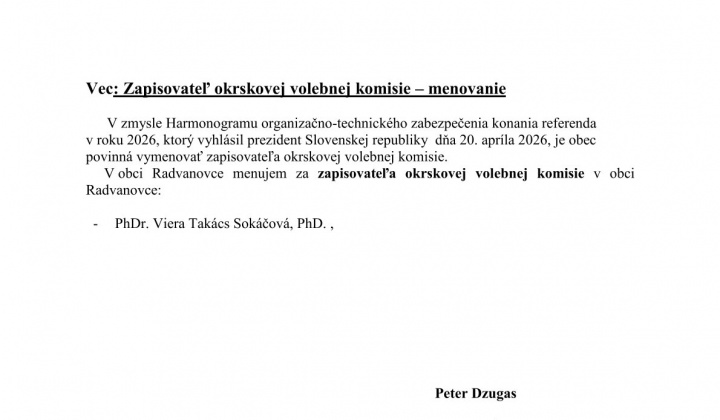 Fotka - Menovanie zapisovateľa referenda v roku 2026 