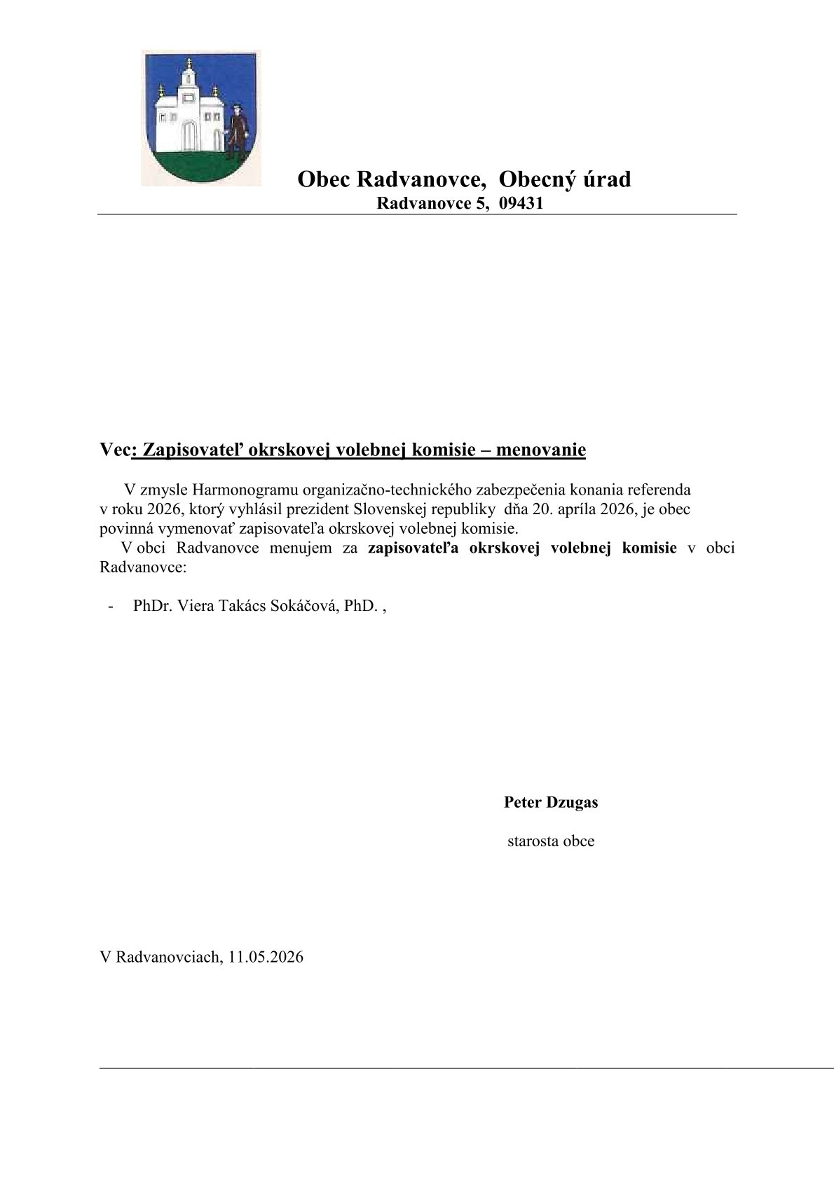 Fotka - Menovanie zapisovateľa referenda v roku 2026