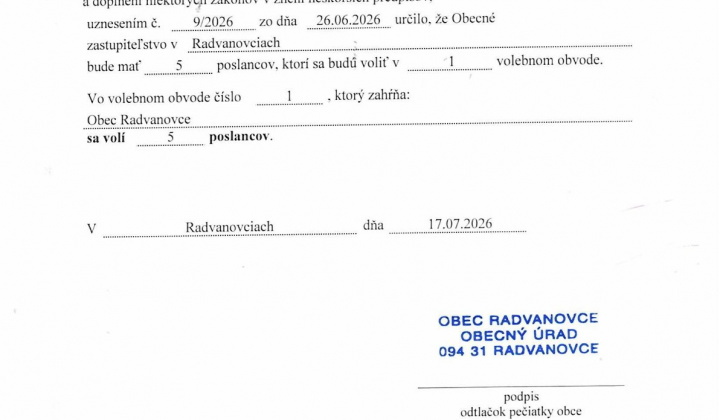 Fotka - Oznámenie obce o utvorení volebného obvodu a počte poslancov