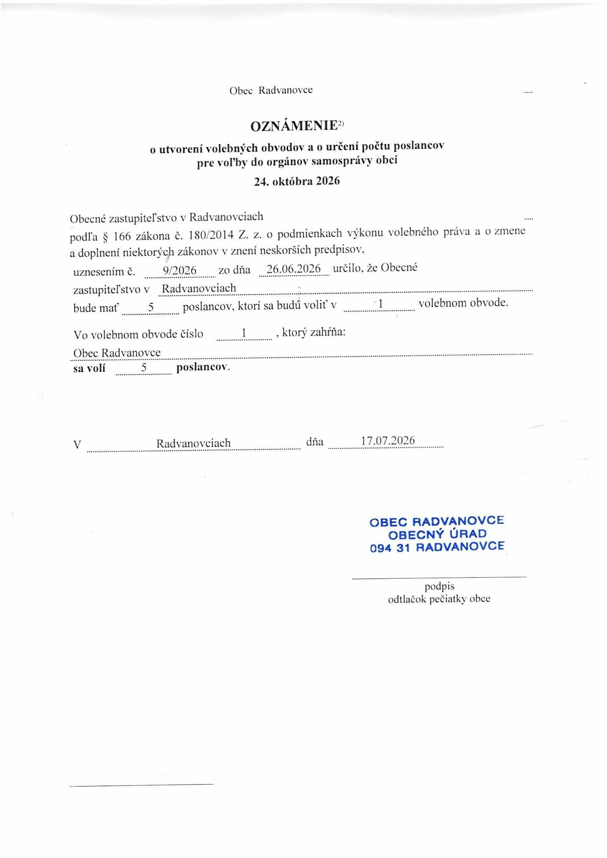 Fotka - Oznámenie obce o utvorení volebného obvodu a počte poslancov