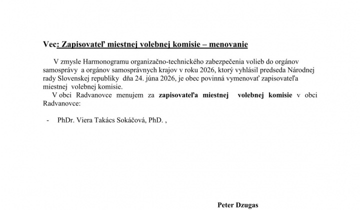 Fotka - Menovanie zapisovateľa pre voľby do orgánov samosprávy a samosprávnych krajov