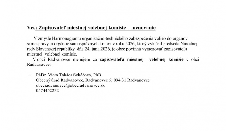 Fotka - Menovanie zapisovateľa pre voľby 24.10.2026