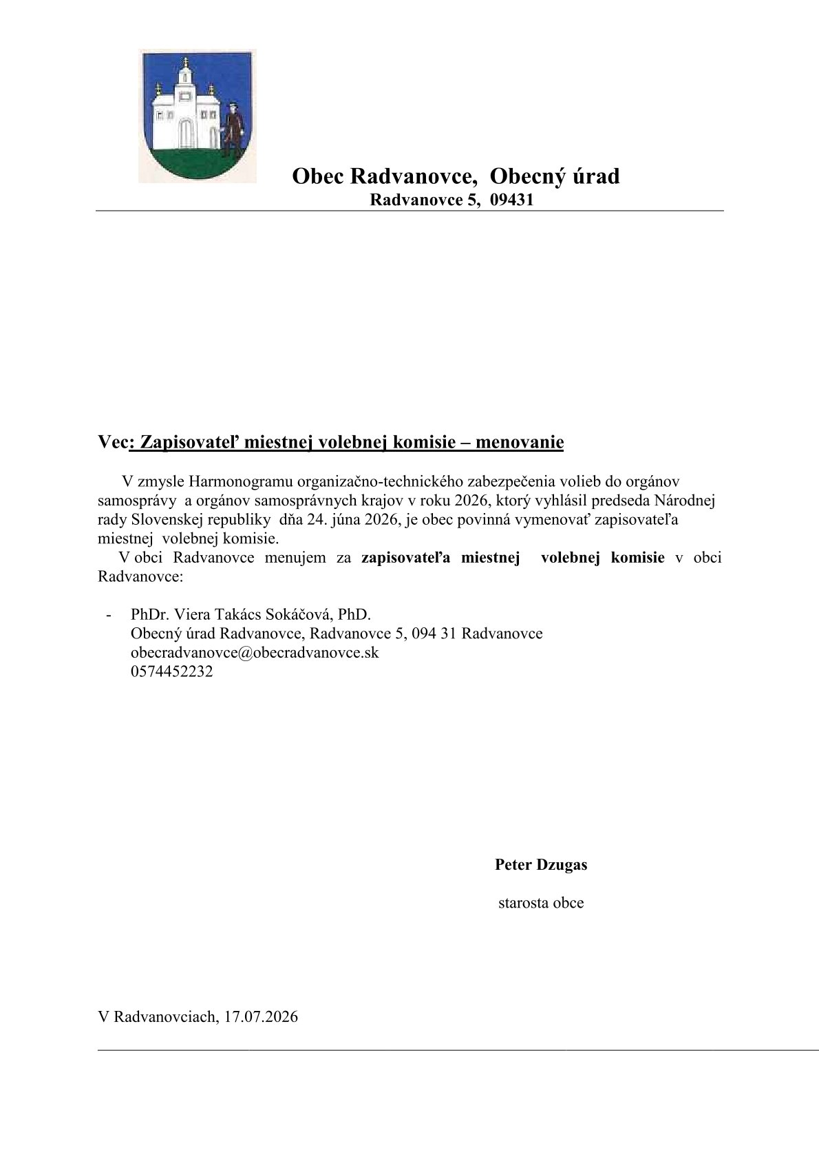Fotka - Menovanie zapisovateľa pre voľby 24.10.2026