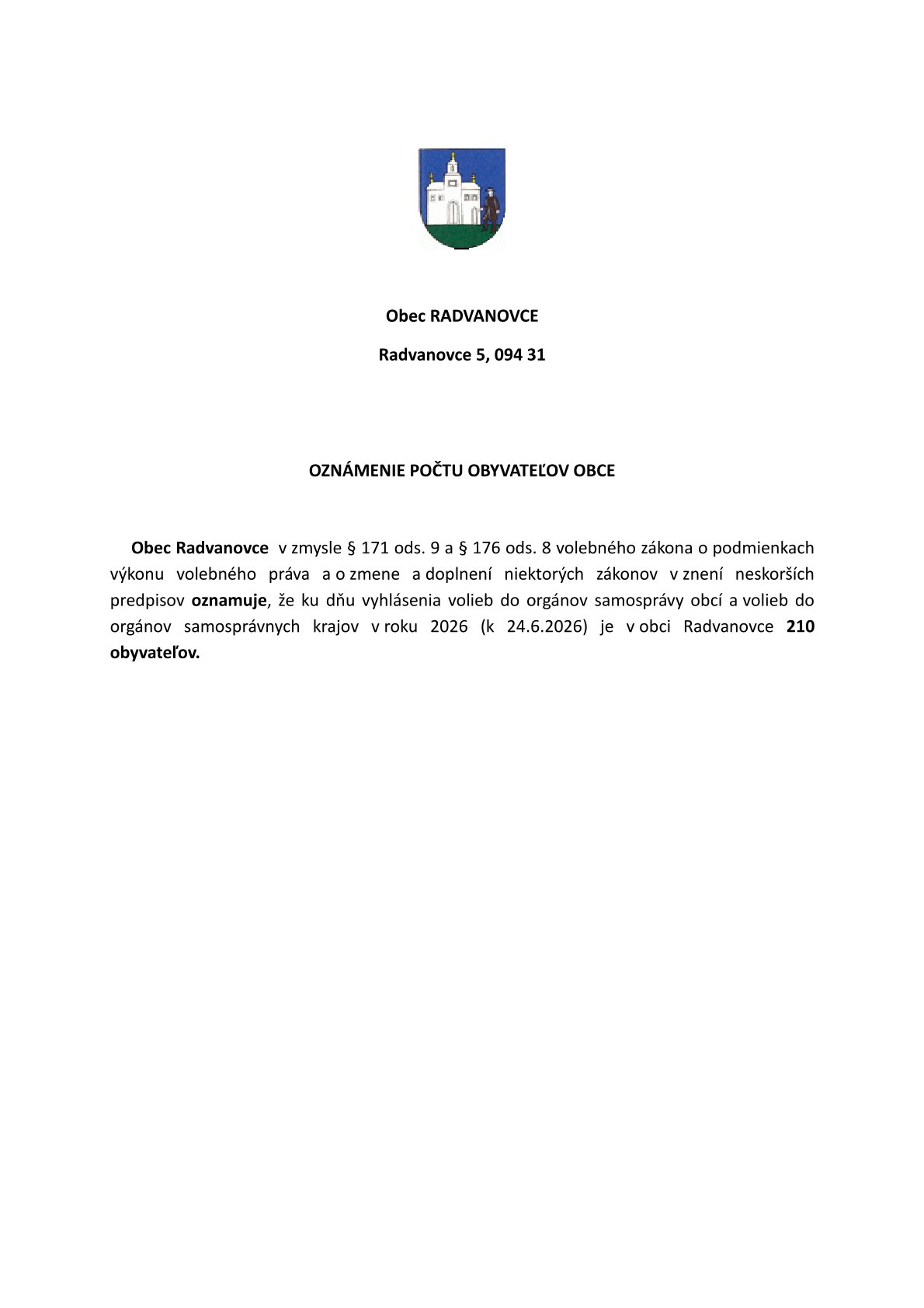 Fotka - Oznámenie o počte obyvateľov