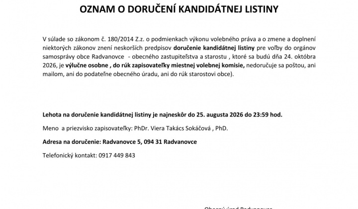 Fotka - Oznam o doručení kandidátnej listiny 
