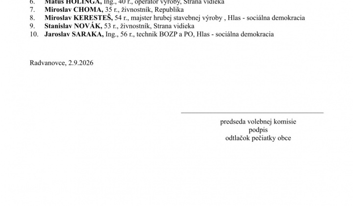 Fotka - Zoznam zaregistrovaných kandidátov pre voľby do Obecného zastupiteľstva obce Radvanovce