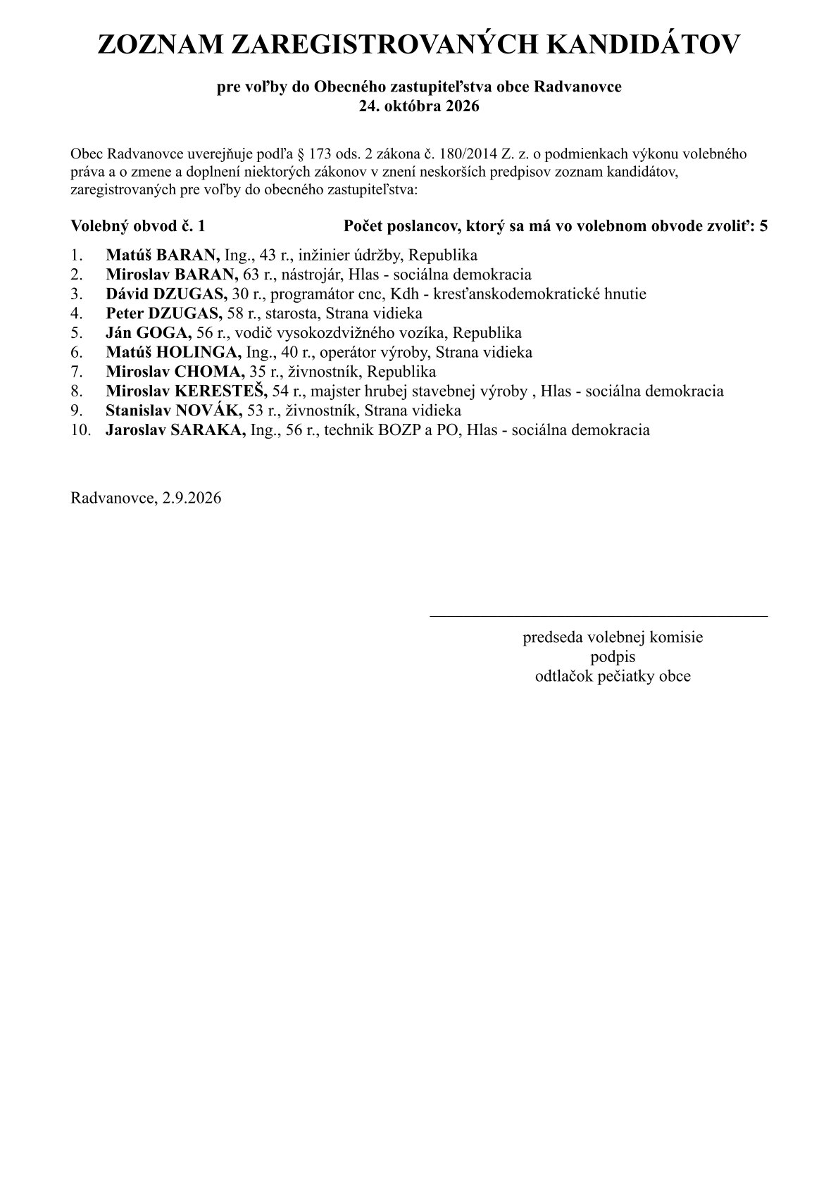 Fotka - Zoznam zaregistrovaných kandidátov pre voľby do Obecného zastupiteľstva obce Radvanovce