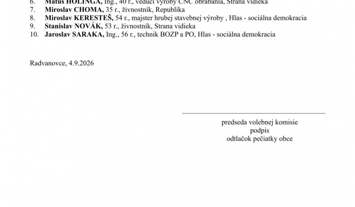 Fotka - Zoznam zaregistrovaných kandidátov pre voľby do Obecného zastupiteľstva obce Radvanovce