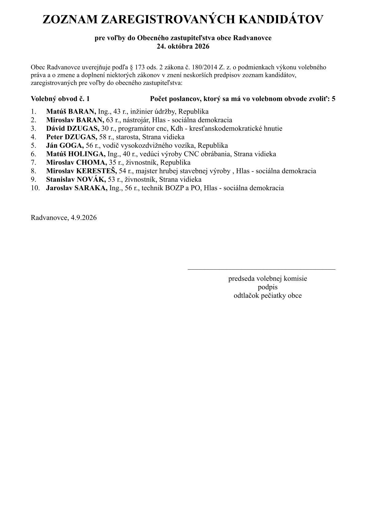 Fotka - Zoznam zaregistrovaných kandidátov pre voľby do Obecného zastupiteľstva obce Radvanovce