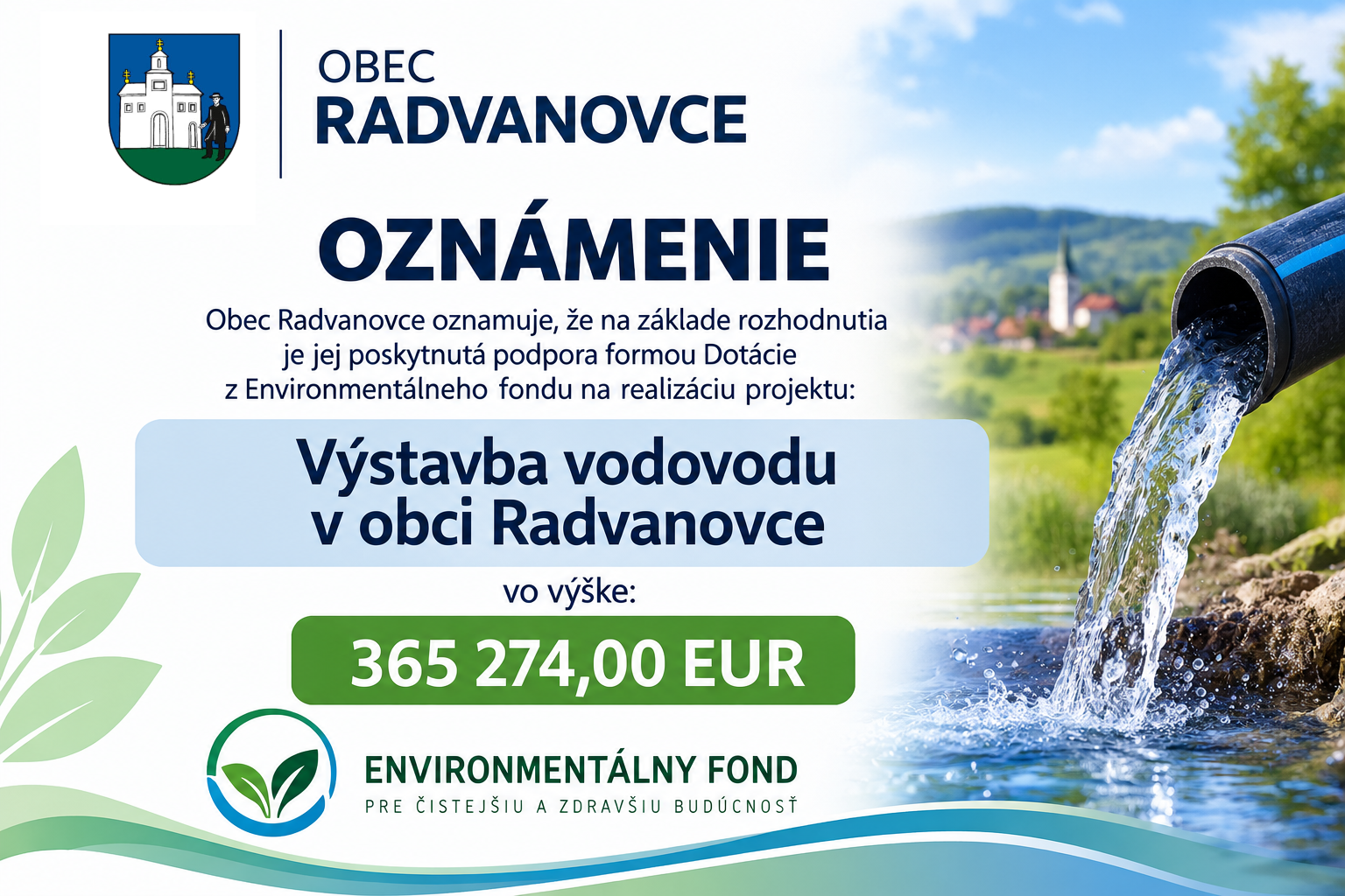 Fotka - Oznámenie o poskytnutí podpory z Environmentálneho fondu